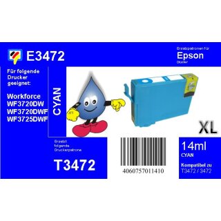 T34XL cyan TiDis Ersatzdruckerpatrone cyan mit 14 ml Inhalt - ersetzt T3472