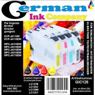 GIC125 - CISS / Easyrefillpatronen Sparpack für LC127 Black, LC125 Cyan, Magenta, Yellow mit Autoresettchip und 4x 50ml GIC Sublimationstinte