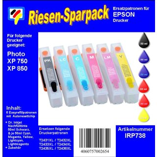 IRP738 - Komplettset CISS / Easyrefill T24 + T24XL Multipack mit 6 Patronen und 300ml Dr.Inkjet Nachfülltinte