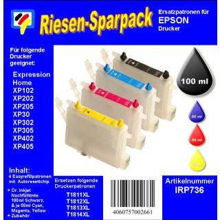 IRP736 - Starterpack CISS / Easyrefill T18 + T18XL Multipack mit 4 Patronen und 250ml Dr.Inkjet Premium Nachfülltinte