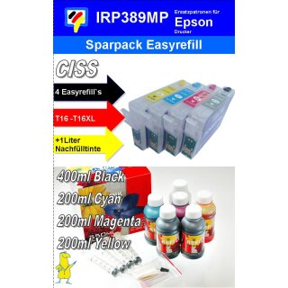 IRP389MP - Komplettset CISS / Easyrefillpatronen ersetzen T16 + T16XL - Multipack mit 4 Patronen und 1.000 ml Universal Nachfülltinte