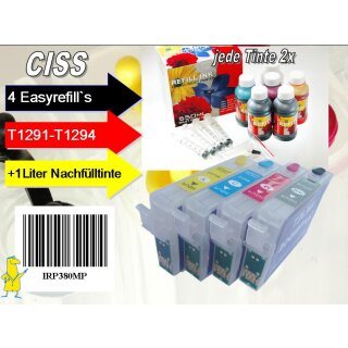 IRP380MP - Komplettset CISS / Easyrefill T1291-T1294 Multipack mit 4 Patronen und 1.000 ml Universal Nachfülltinte 