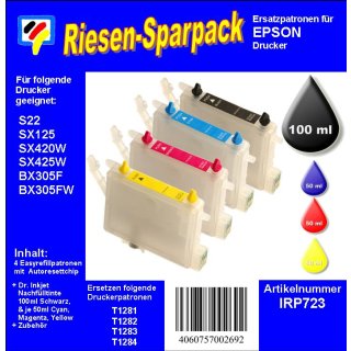 IRP723 - Starterpack CISS / Easyrefill T1281-T1284 Multipack mit 4 Patronen und 250ml Dr.Inkjet Premium Nachfülltinte