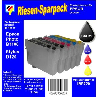 IRP720 - Komplettset CISS / Easyrefill für B1100 - T0711-T0714  Multipack mit 5 Patronen und 250ml Dr.Inkjet Premium Nachfülltinte