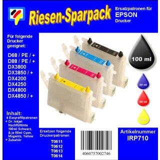 IRP710 - Komplettset CISS / Easyrefill T0611-T0614  Multipack mit 4 Patronen und 250ml Dr.Inkjet Premium Nachfülltinte