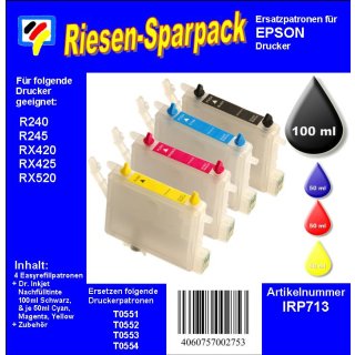 IRP713 - Komplettset CISS / Easyrefill T0551-T0554  Multipack mit 4 Patronen und 250ml Dr.Inkjet Premium Nachfülltinte