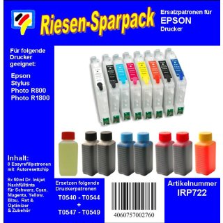 IRP722 - Komplettset CISS / Easyrefill T0541-T0549  Multipack mit 8 Patronen und 400ml Dr.Inkjet Premium Nachfülltinte