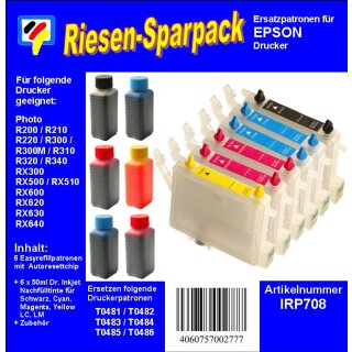 IRP708 - Komplettset CISS / Easyrefill T0481-T0486  Multipack mit 6 Patronen und 300ml Dr.Inkjet Premium Nachfülltinte