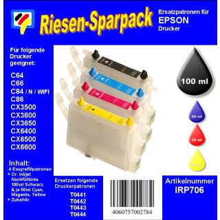 IRP706 - Komplettset CISS / Easyrefill T0441-T0444  Multipack mit 4 Patronen und 250ml Dr.Inkjet Premium Nachfülltinte