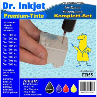 ER55 - Dr. Inkjet Komplett 250ml Set Premium Pigmentierte Nachfülltinte - Alles drin Packung -