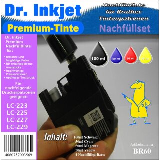 BR60 - Dr. Inkjet Komplettset 250ml Premium Nachfülltinte - Alles drin Packung für LC-221 / LC-223 / LC-225 / LC-227 / LC-229