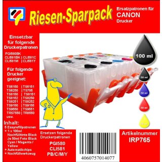 IRP765 - CISS / Easyrefillpatronen Starterpaket mit 300ml Premium Nachfülltinte von Dr. Inkjet ersetzen die PGI580XL und die CLI581XL Druckerpatronen