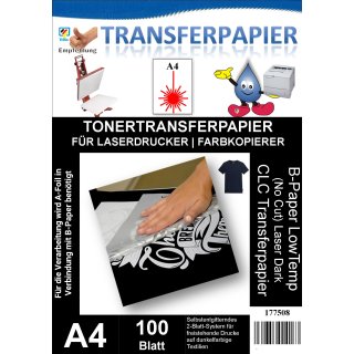 A4 - Toner Transferpapier Laser Dark (No-Cut) B-Paper LowTemp, Format DIN A4, Pack à 100 Blatt - für CMYW (Weißdrucker)