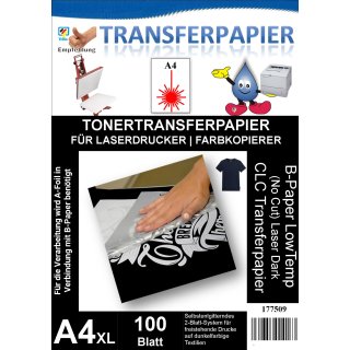A4XL - Toner Transferpapier Laser Dark (No-Cut) B-Paper LowTemp, Format DIN A4XL, Pack à 100 Blatt - für CMYW (Weißdrucker)
