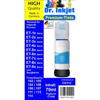ER91C Dokumentenechte Druckertinte - Dr. Inkjet 70ml CYAN Druckertinte für Ecotankdrucker