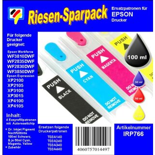 IRP766 - Starterpack CISS / Easyrefillpatronen Multipack mit 4 Patronen und 250ml Dr.Inkjet Premium Nachfülltinte- ersetzt 603XL T03A140 - 440