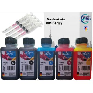 Multipack 500ml  TiDis Druckertinte / Nachfülltinte für Tintenstrahldrucker je 100ml PigBK/BK/C/M/Y