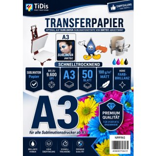 A3 50 Blatt Sublimationspapier für Sublinova Sublimationstinten - Transferpapier für Textilien und Feststoffe - 50 Blatt Packung