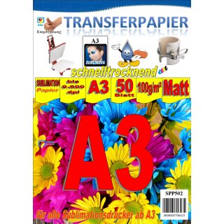 A3 50 Blatt Sublimationspapier: Sublinova Transferpapier für Textilien und Feststoffe - 50 Blatt Packung