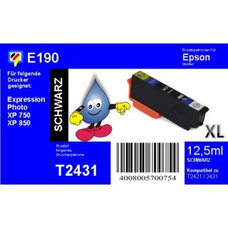 E190 - TiDis Ersatzpatrone - schwarz - mit 12,5ml Inhalt ersetzt T2431XL