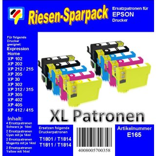 E165 - TiDis Ersatzpatronen Riesensparpack - 4xB + je 2x C/M/Y - mit 10x 14ml Inhalt ersetzt T1816XL