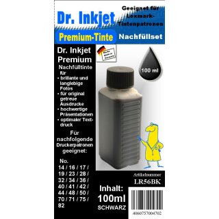 LR56BK - schwarz - Dr.Inkjet Premium Nachfülltinte in 100ml - 250ml - 500ml - 1000ml Abfüllungen für Lexmark Druckkopfpatronen  