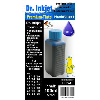 LR56C - cyan - Dr.Inkjet Premium Nachfülltinte in 100ml - 250ml - 500ml - 1000ml Abfüllungen für Lexmark Druckkopfpatronen    