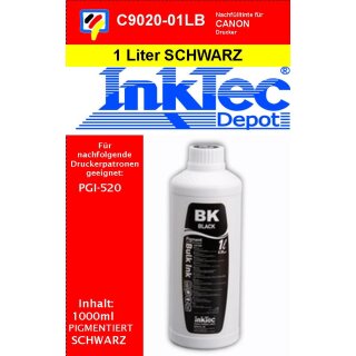 1000ml schwarze Pigmentierte Inktec Nachfülltinte für Canon PGI520 Druckerpatronen