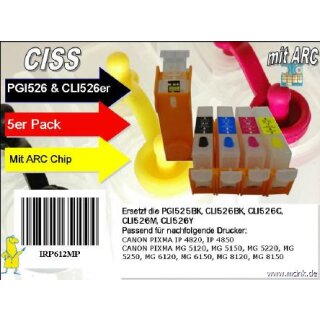 CISS / Easyrefillpatronen für PGI525 & CLI526er (5er) Multipack - ohne Tinte -