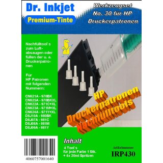 IRP430 - Nachfüll- und Luftabsaug & Nachfülltools für HP Druckerpatronen - 4er Pack inkl. 4x 20ml Spritzen