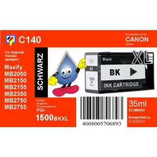PGI-1500B XL TiDis Ersatzdruckerpatrone Schwarz mit 35ml Inhalt für ca. 1.200 A4 Seiten nach ISO ersetzt 9182B001