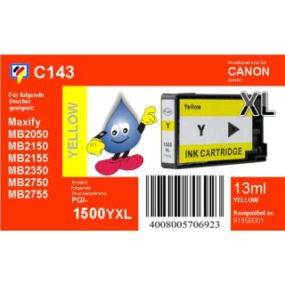 PGI-1500Y XL TiDis Ersatzdruckerpatrone Yellow mit 13ml Inhalt für ca. 935 A4 Seiten nach ISO - ersetzt 9195B001