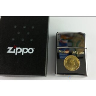 Meine letzten 5 Pfennig - mit echten deutschen 5 Pfennigstück auf einen Original Zippo Sturmfeuerzeug - Chrom poliert