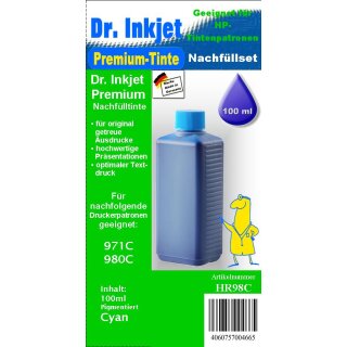 HR98C - cyan- Pigmentierte Nachfülltinte für HP971 | HP973 | HP980 | HP982 | HP991 Druckerpatronen