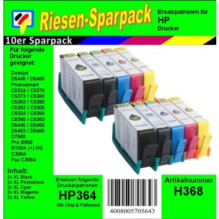 HP364 TiDis Riesensparpack mit 10 Ersatzpatronen mit 2x Black und je2x Fotoschwarz, 2x Cyan, Magenta und Yellow