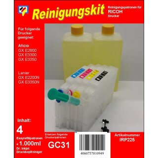 IRP225 - Druckkopfreinigungsset für Ricoh Drucker mit den GC-31 Druckerpatronen - 4 Spezialpatronen mit Autoresettchip und 1000ml Druckkopfreiniger