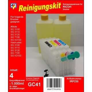 IRP230 - Druckkopfreinigungsset für Ricoh Drucker mit den GC-41 Druckerpatronen - 4 Spezialpatronen mit Autoresettchip und 1000ml Druckkopfreiniger