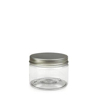 PET Tiegel Cylindrical klar 150 ml mit Alu Schraubdeckel silber mit EPE Einlage 70 mm