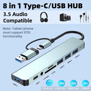 8in1 USB Hub - USB C Adapter mit 4 USB-Anschlüssen, SD/TF-Kartenleser, 3,5 mm Audio, USB-C-Datenanschluss, kompatibel mit MacBook Pro/Air/XPS/Tablet/Smartphones und mehr (Grau)