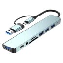8in1 USB Hub - USB C Adapter mit 4 USB-Anschlüssen, SD/TF-Kartenleser, 3,5 mm Audio, USB-C-Datenanschluss, kompatibel mit MacBook Pro/Air/XPS/Tablet/Smartphones und mehr (Grau)
