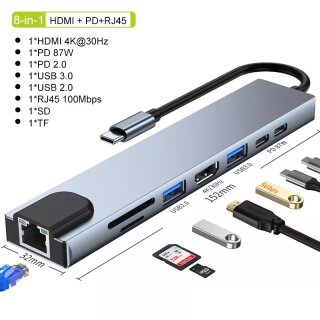USB C Hub 8 in 1 Typ C Adapter mit 4k HDMI 87W PD C Port Docking & Netzwerkkarte