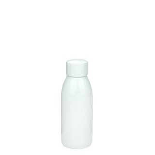Recycling PET Flasche RIGOLETTO 100 ml weiß mit Schraubv. 24/410 weiß glatt mit Spritzeinsatz 3 mm