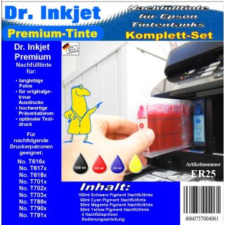 ER25 - Dr. Inkjet Komplett 250ml Set Premium Pigmentierte Nachfülltinte - Alles drin Packung -