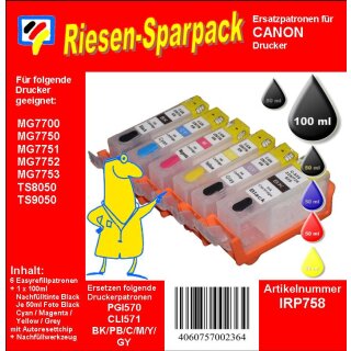 IRP758 - CISS / Easyrefillpatronen Starterpaket mit 350ml Premium Nachfülltinte von Dr. Inkjet ersetzen die PGI570XL und die CLI571XL inkl. Grauer Druckerpatrone