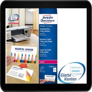 Avery Zweckform C32026-10 Premium Visitenkarten (100 Stück, 85 x 54 mm, beidseitig beschichtet, satiniert) 10 Blatt Packung