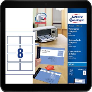 Avery Zweckform, C32015-10, 10 Blatt, Visitenkarten, Inkjet spezialbeschichtet, matt, weiß, 260 g schnittglatte Kanten durch Quick & Clean-Technologie - 10 Blatt Packung