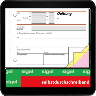 sigel Formularbuch SD023 Quittung, MwSt. separat ausgewiesen - selbstdurchschreibend und Originalquittung mit 2 Durchschlägen