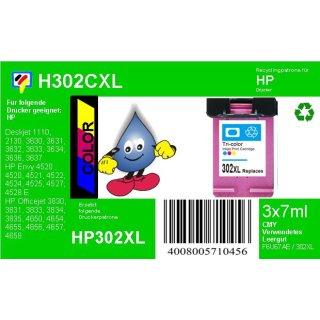 HP302CXL TiDis XL Recyclingdruckerpatrone Color mit 21ml Inhalt ersetzt die F6U67AE/HP302CXL