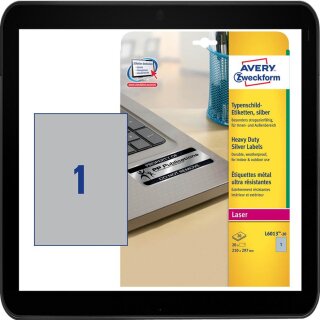 20 AVERY Zweckform Typenschildetiketten L6013-20 silber - bedruckbar mit Laserdruck oder Kopierer