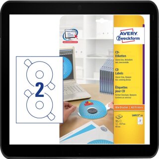 117.0 x 41,0 mm - 50 AVERY Zweckform CD-Etiketten L6015-25 weiß - für Kopierer, Inkjet, S/W Laser sowie Farblaserdrucker